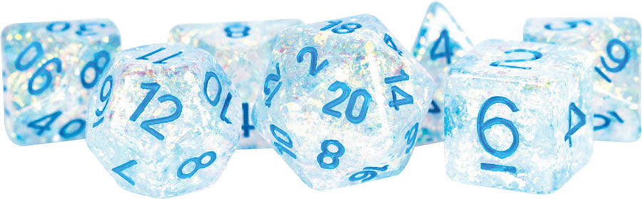 16mm Resin Flash Dice Poly Set: Clear/Light Blue Numbers