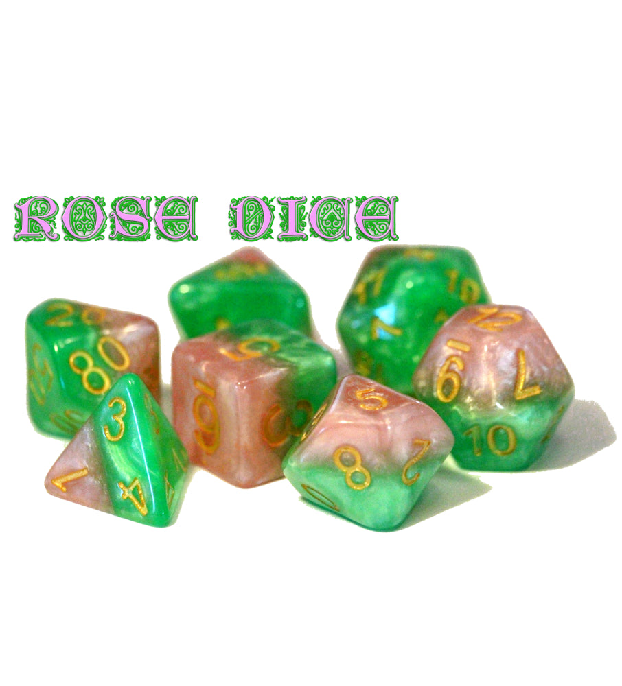 Halfsies Dice: Set of 7 - Rose Petal Pink & Thorn Green