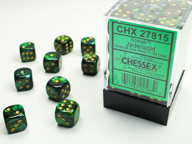 Scarab: 12mm D6 Jade/Gold/Black (36)