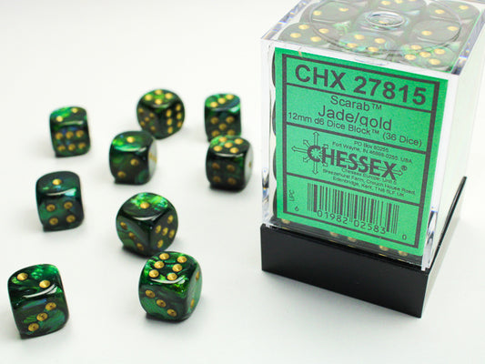 Scarab: 12mm D6 Jade/Gold/Black (36)
