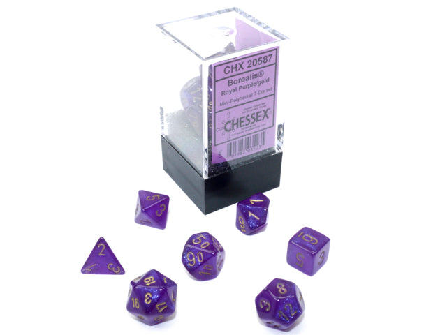 Borealis: mini-polyhedral Royal purple/gold Luminary 7-Die Set