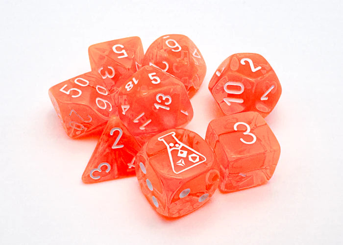 Lab Dice 7: Translucent Polyhedral Neon Orange/white 7-Die Set (with bonus die)
