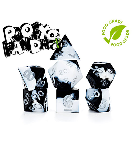 Anti-Stress Dice: Poofy Panda - Splotchy Black and Panda White Silicone Swirled 7 Die-Set