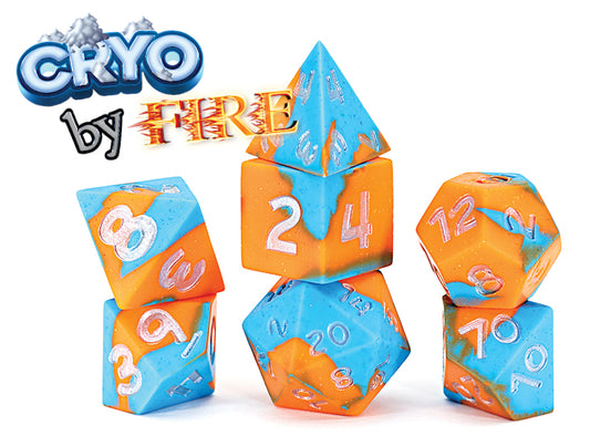 Anti-Stress Dice: Cryo by Fire - Blue and Orange Silicone with Sparkling Glitter 7 Die-Set